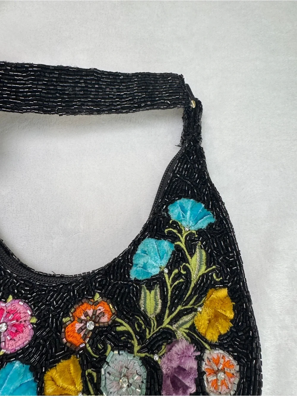 Studio 12 Black Beaded Floral Velvet Shoulder Bag Tassel Y2K